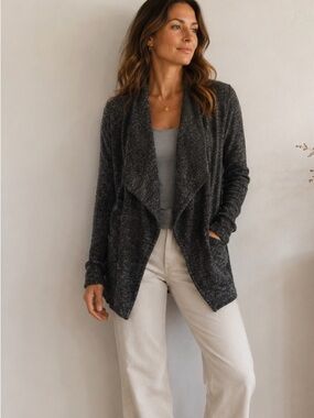 Eileen Fisher sz L dark grey open front lightweight jacket cotton blend EUC
